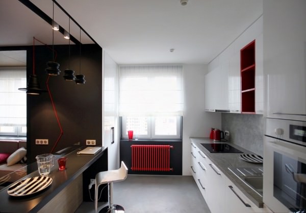 open-space-kitchen-small-apartment-red-radiator