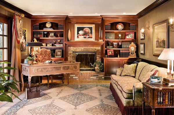 Custom-built-bookcases-surround-the-fireplace-in-this-beautiful-home-office