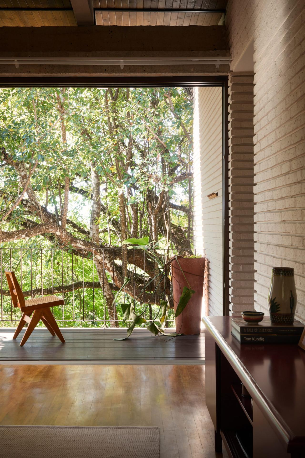 Terasa privata cu scaun din lemn si plante tropicale, vedere spre copacii pochote prin deschidere larga – foto Thibault Cartier / Dezeen