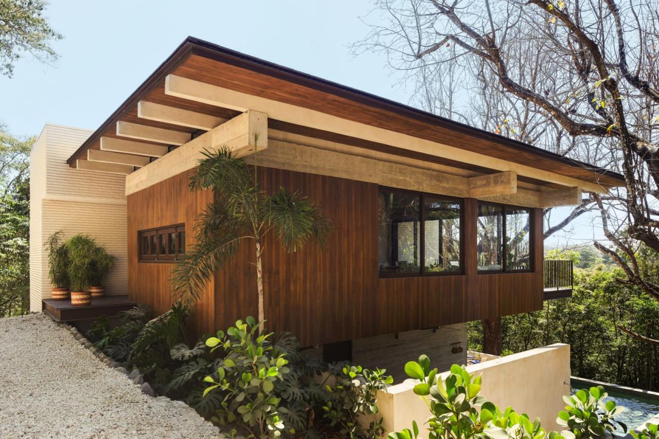 Vedere laterala a casei cu acoperis din lemn in consola, fatada din teak si gradina tropicala – foto Thibault Cartier / Dezeen