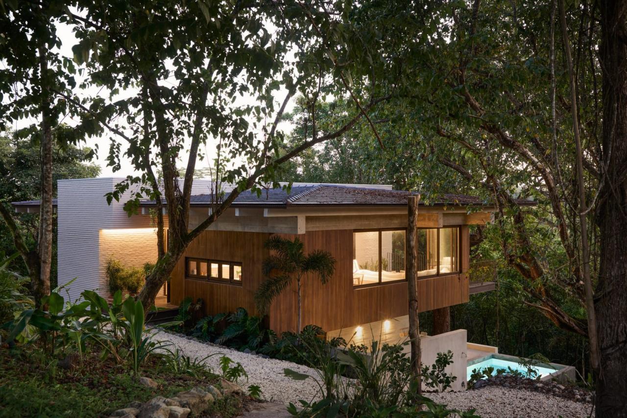Vedere exterioara nocturna a casei din lateral, fatada din lemn iluminata si piscina din beton in dreapta – foto Thibault Cartier / Dezeen