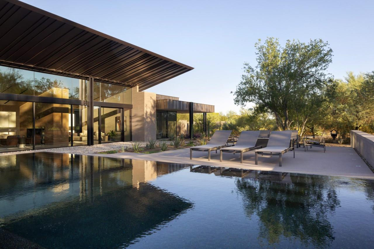 Zona piscina cu sezlonguri si acoperis cantilever