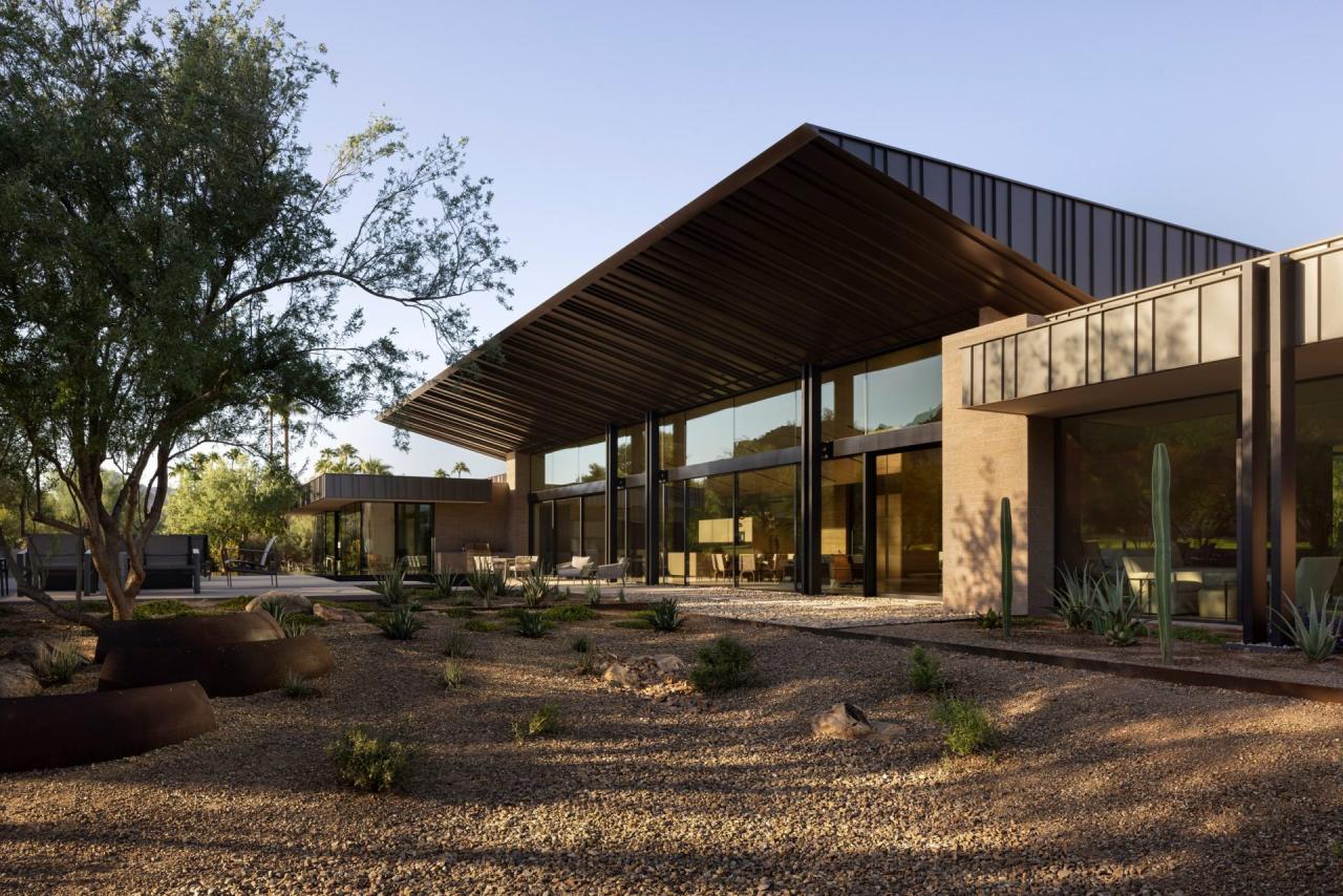 Vedere laterala a casei cu acoperis cantilever si gradina desertica