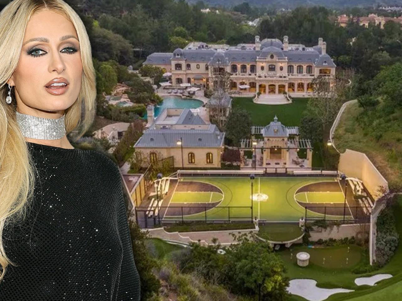Paris Hilton in fata vederii aeriene a conacului din Beverly Park, cu teren de baschet, piscina si gazon extins