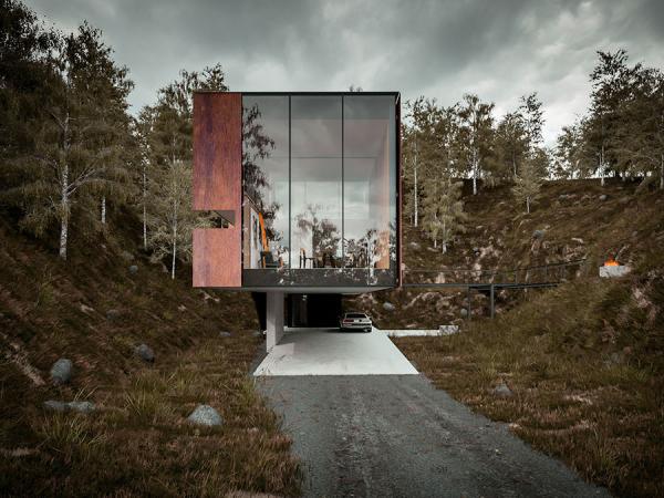 Elevation-of-the-ingenious-house-draped-in-glass-and-Cor-ten-sheets