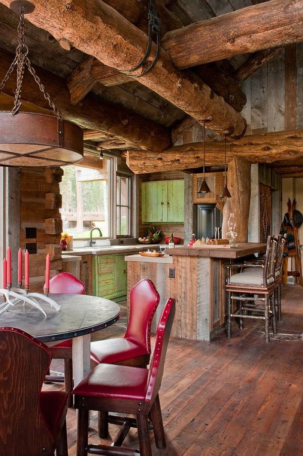 Gorgeous-cabin-kitchen-and-dining-area-with-exposed-wooden-logs-above