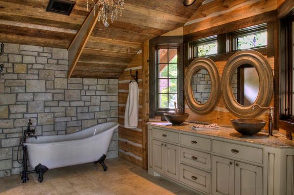 Interesting-use-of-round-mirrors-in-the-rustic-bathroom