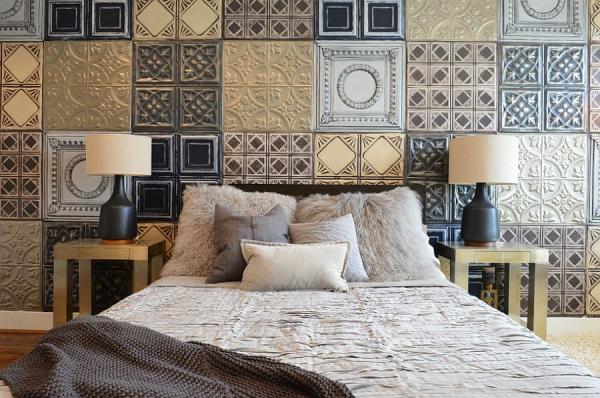 Metallic-tiles-create-the-perfect-accent-wall-for-the-industrial-bedroom
