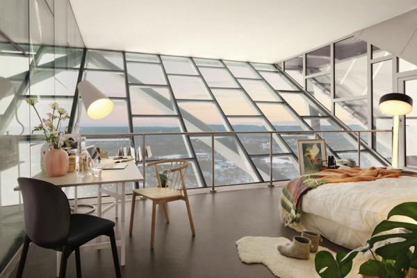 Ski-jump-penthouse-bedroom-slated-wall